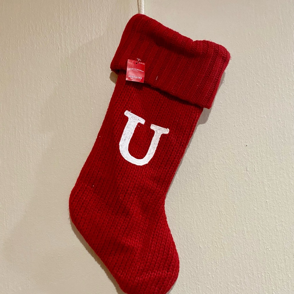 Knit Monogram LETTER U Christmas Stocking RED